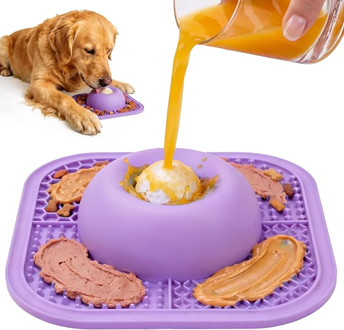 Slow Feeder Dog Bowls & Lick Mat for Liquid and Thick Treat, Anti-Slip Dog Lick Bowl with Interactive Rolling Ball, 5/6 Cup Pup Licking Toy for Large Medium Small Dogs and Cats-Large Purple by PetsHome