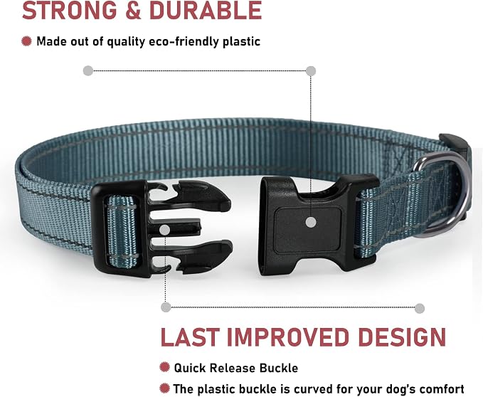 Reflective Dog Collar with Buckle Adjustable Safety Nylon Collars for Small Medium Large Dogs, Grey M | No Chafing on Walks and Outdoor Hikes, Metal D-Ring, Night Safety - Image 2
