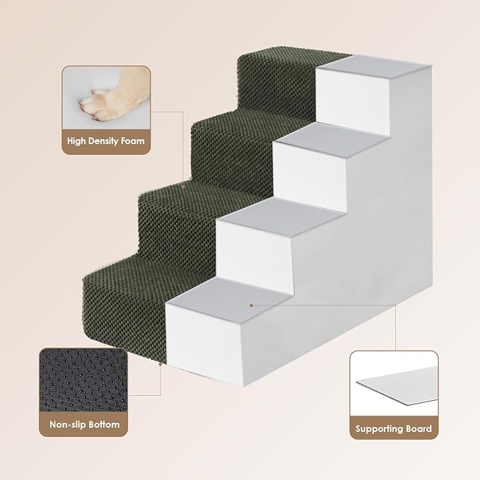 EHEYCIGA Dog Stairs for Bed 18" H, 4-Step Extra Wide Dog Steps for High Bed, Pet Steps for Small Dogs and Cats, Non-Slip Balanced Pet Ramp Indoor, Military Green - Image 2