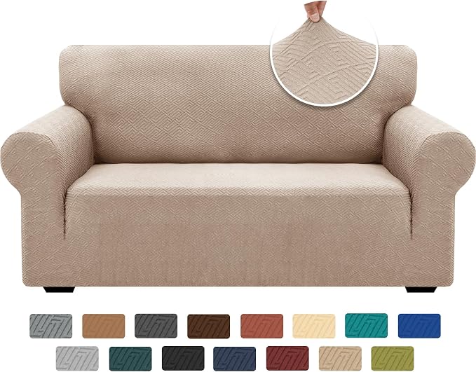 XINEAGE Stretch Jacquard Loveseat Cover, Non Slip Sofa Slipcover for Dog | High-Stretch Fabric. Wear-Resistant, Pet Friendly. Easy Install & Washable for Living Rooms, Offices.Khaki by XINEAGE