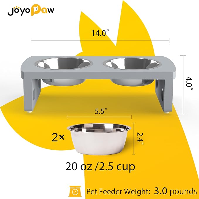 Elevated Dog Bowls, Bamboo Raised Dog Bowl for Small Dogs & Cats, with 2 Stainless Steel Bowls (4'' Tall-20oz Bowl, Grey) - Image 2