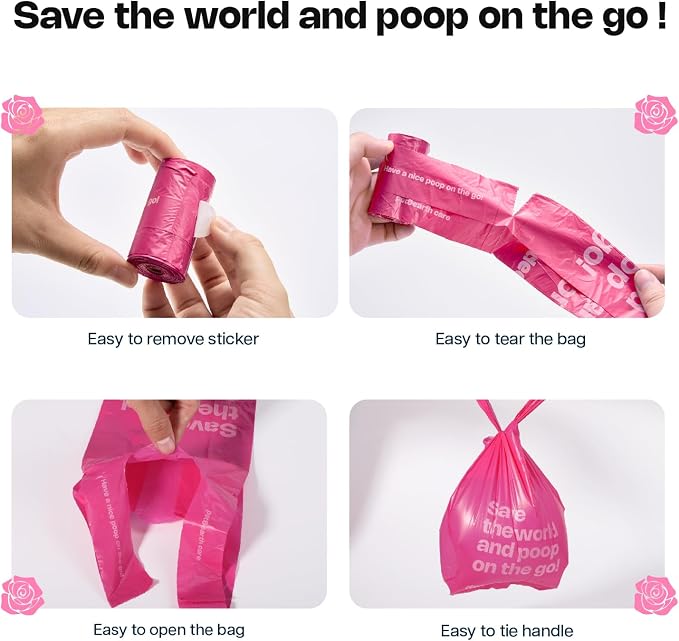 Deo Doo Dog Poop Bags with Handles & Holder, 108 Bags, Rose Scented | Extra Thick Leak Proof, Easy-Tie Design for Small and Medium Dog Walks, Pet Waste Pickup and Cat Litter Cleanup - Image 4