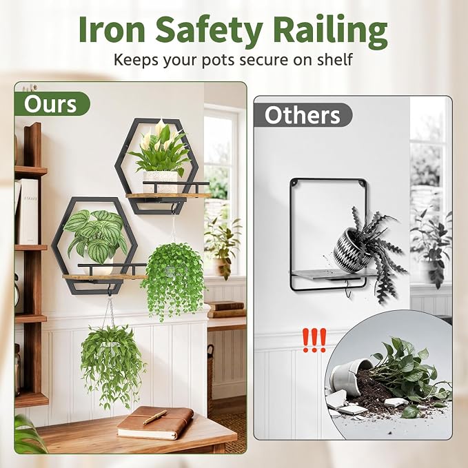 LASZOLA Plant Picture Frame Holder Shelf Wall Window Indoor, 2 Pcs Brown | Modern Floating Flower Hanger Wall Mounted, with Hooks, Metal Planter Hanging Stand Display Decor for Home Bathroom - Image 3