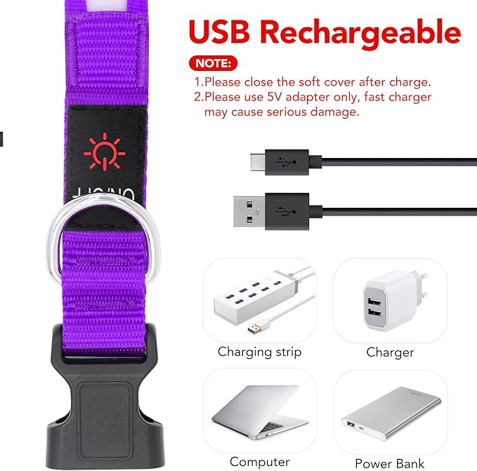 VIZPET LED Dog Collar, Light up Dog Collar Adjustable Safety Glowing Collar | USB Rechargeable Super Bright Light Collars for Dogs (Purple, Large[18.89-23.62 inch/48-60cm]) - Image 4