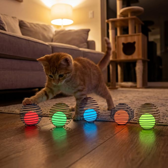 Jecery 5 Pcs Cat Toys Spring,Glow Ball,Multicolor | Interactive Metal Cat Toy, Stretchable Rolling Ball, for Indoor Cats, Colorful Playful Coils, Kitten Pet Supplies - Image 4