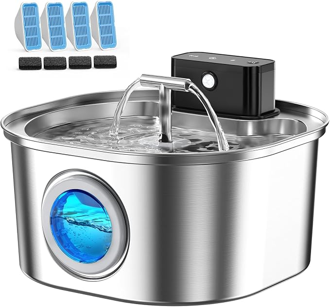 Voluas Stainless Steel Cat Water Fountain, Wireless, 108oz/3.2L, 4Filter | Cordless Design, T-Shaped Dual Water Outlet, Ultra-Quiet Pump, BPA-Free by Voluas