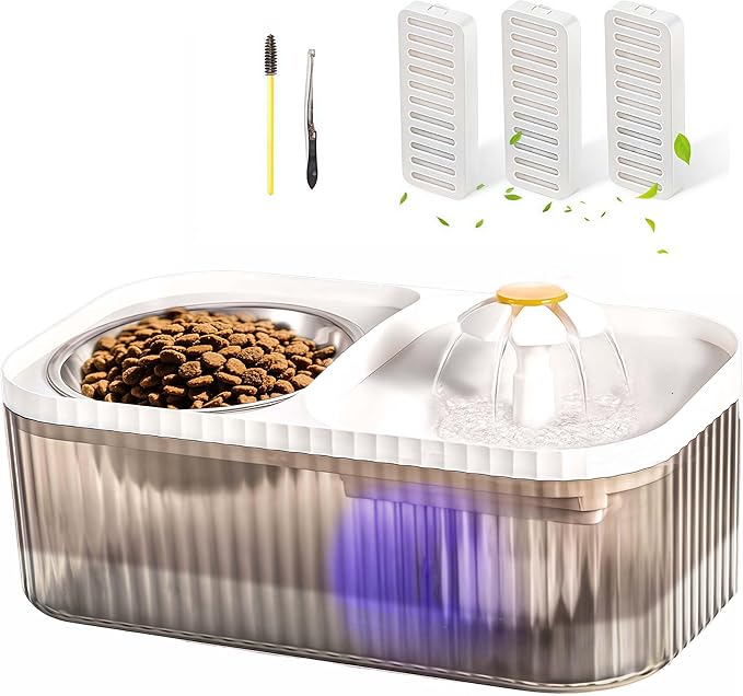 Marchul Cat Water Fountain and Stainless Steel Food Bowl, 100oz/3L Super Quiet Automatic Pet Water Dispenser with Smart Pump and 3 Replacement Filters for Cats and Small Dogs, White by Marchul