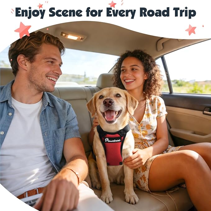 Pawaboo Dog Seat Belt Harness for Car, Seatbelt Harness with 2 in 1 Buckle | Adjustable Breathable Harness for Car, Elastic Reflective Heavy Duty Dog Tether, for Small Medium Large Pets, S, Red - Image 2