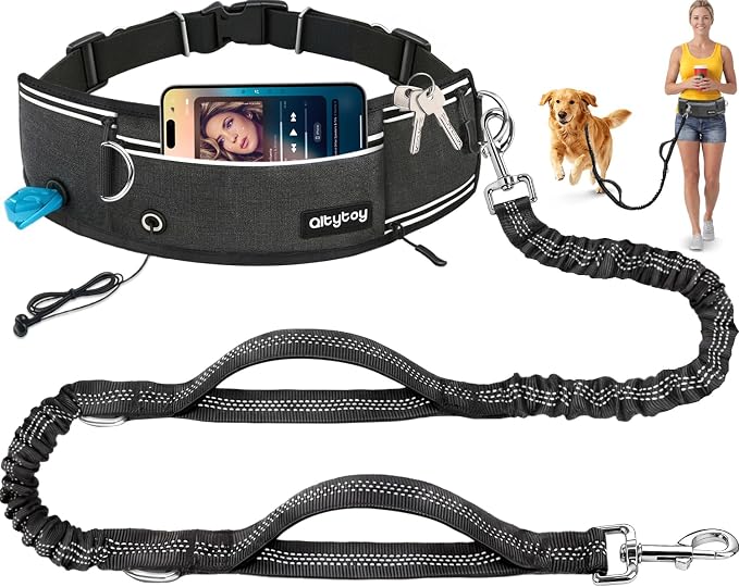 Hands Free Dog Leash, 240LB Heavy Duty Retractable with Fanny Pack | Adjustable Waist Belt, Dog Leash for Walking Running Jogging Hiking Biking Training for Medium,Large 25-120LBS(Not for＜25LBS) by Qltytoy