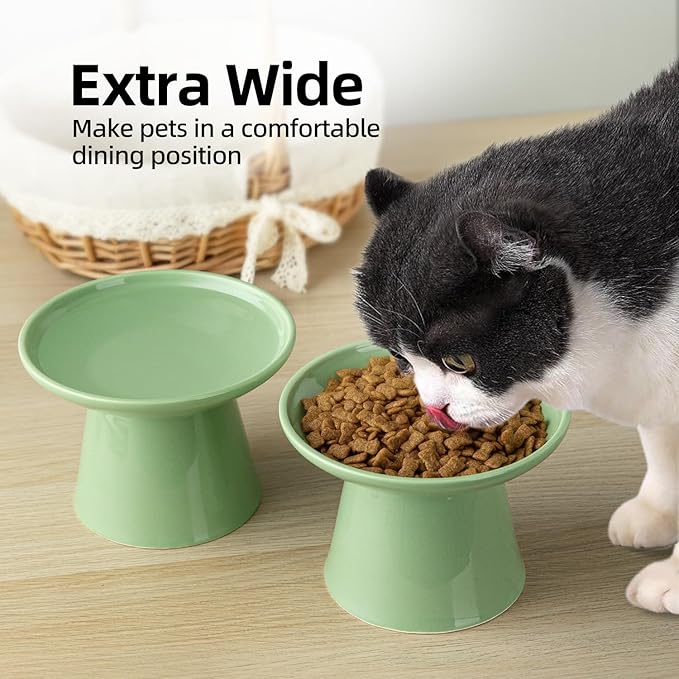 Ceramic Elevated Cat Bowls - 6.2 Inch Extra Wide Raised Cat Food and Water Bowl Set for Indoor Cats, Whisker-Friendly Ceramic Cat Dish for Elder Big Cats & Small Dogs,Green,4 Pack - Image 3