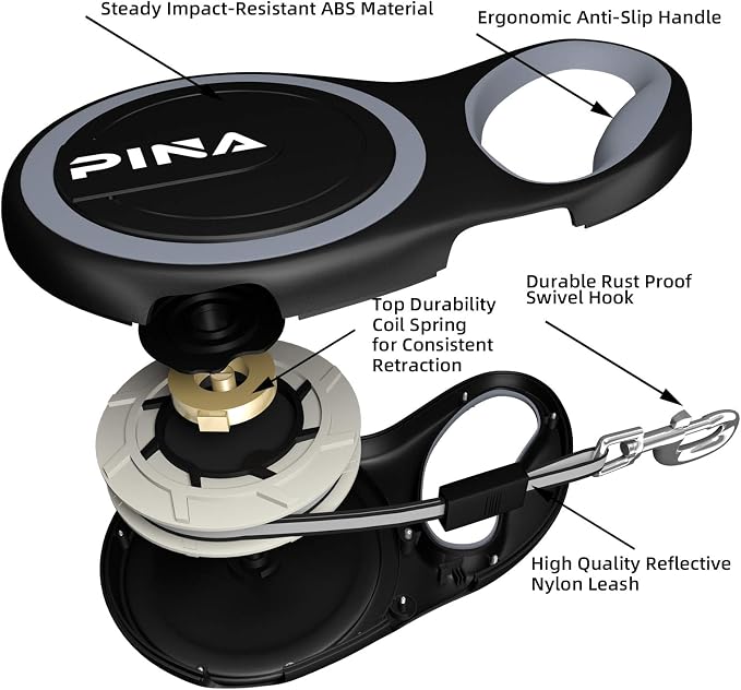 PINA Retractable Dog Leash, 26ft Dog Leash for Small Medium Large Dogs Up to 110lbs, 360° Tangle-Free Strong Reflective Nylon Tape, with Anti-Slip Handle, One-Handed Brake, Lock - Black Gray - Image 3