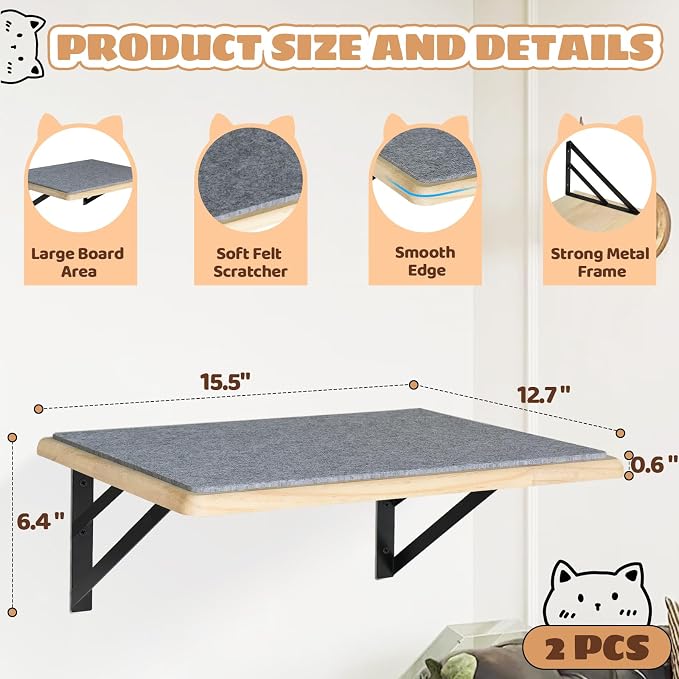 Burlywood Cat Furniture Indoor Set of 2: Wood Shelves with Scratching Pad, Climbing Shelf for Sleeping & Playing, Window Perch for Big Cats - Image 6