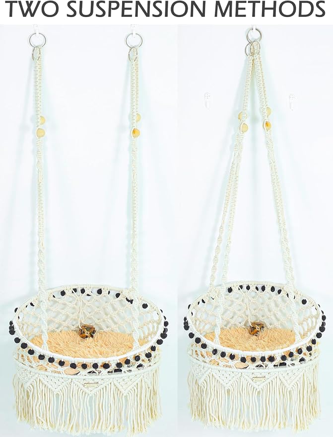 KARCEEY Macrame Cat Hammock - Hanging Cat Bed for Wall & Window - Boho Swing with Full Hardware Kit & Nip Toy - Stable Heavy Duty Design for Large & Senior Felines up to 60lbs - Image 3