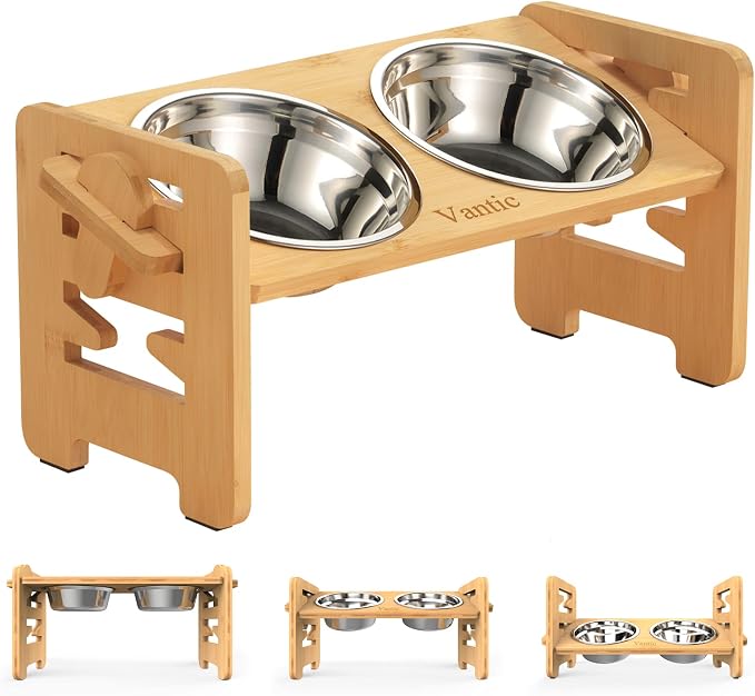 Elevated Dog Bowls, Raised Dog Bowl Stand Adjustable Small, Natural | Bamboo Elevated Feeder with 2 Stainless Steel Bowls, Adjustable Height Stand for Small Puppies and Cats by Vantic