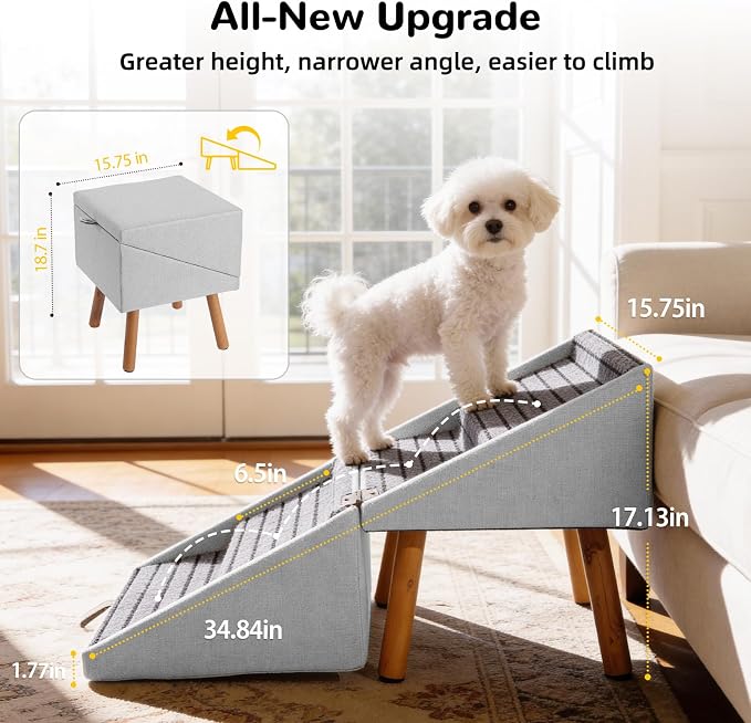 2-in-1 Dog Steps & Ottoman,17.13" H Dog ramp for Couch | Foldable Dog ramp for Small dogs, Non-Slip Wooden Pet ramp for Puppy Senior Injured Dogs (Light Grey) - Image 3