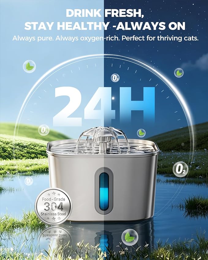 Cat Water Fountain Stainless Steel 74oz/2.2L with 6 Filters & 6 Sponges | Pet Water Dispenser-Indoor Cats Automatic Silent Fountains for Drinking-Metal Small Dog Watering Bowls-Gifts for Kitty Animal - Image 5