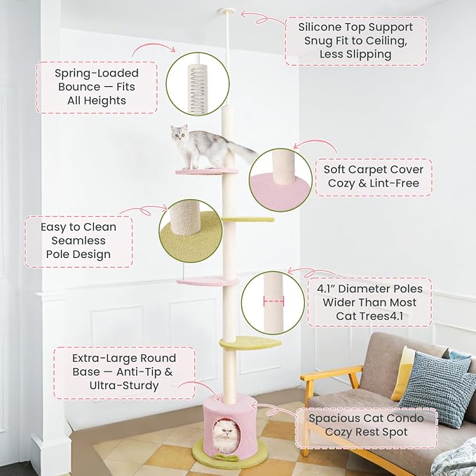 Max & Marlow 95-108" Floor to Ceiling Adjustable Cat Tree, Pink | 4 climbing platforms, sisal scratching post, Space Saving, Stable Tension Pole, Tower for indoor cats - Image 3