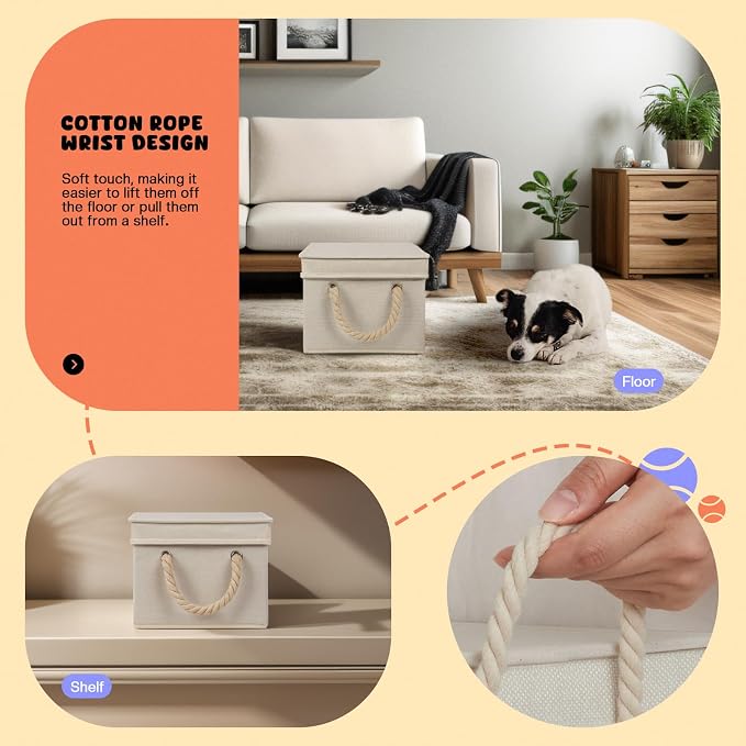 Dog Toy Basket with Lid, Dog Basket for Toys, Dogs Toy Box with Cotton Rope Handles, Collapsible Storage Bins for Pet Toys, Dogs Storage Organizer, Beige&Gray - Image 4