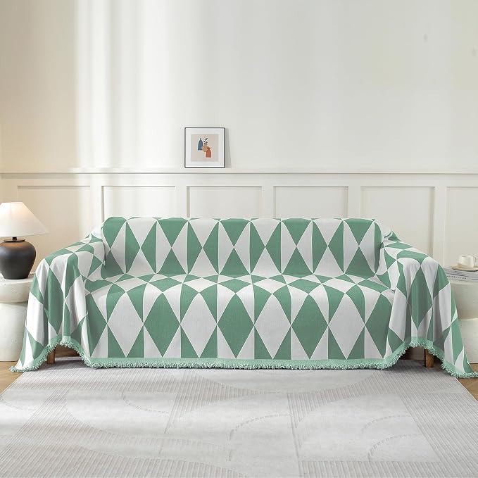 Couch Cover for Sofa, Boho Sofa Cover Washable Couch Cover for Dogs, Pet Sofa Cover for 1-Cushion Couches with Tassel Furniture Protector Cover,71" x 91",Pea Green-Diamond by YSTELLAA