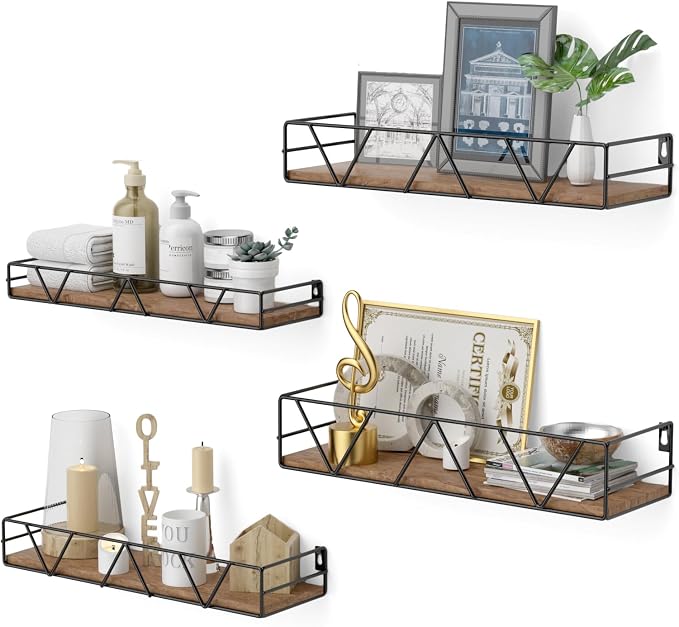 Floating Shelves Set of 4, Wood Wall Shelf, Farmhouse Shelf for Bedroom | Wall Mounted Floating Shelf for Living Room, Bedroom, Bathroom, Kitchen, Office by Amoot