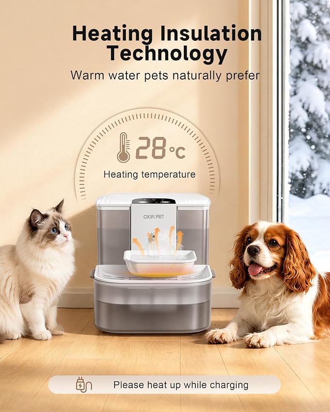 Heated Cat Water Fountain No Filters,4.5L Wireless Automatic Pet Fountain | Warms Water to 28°C/82°F,Wastewater Separation,Ceramic Bowl,4000mAh Battery,Remote Control,Pet Water Fountain for Cats & Dogs - Image 2