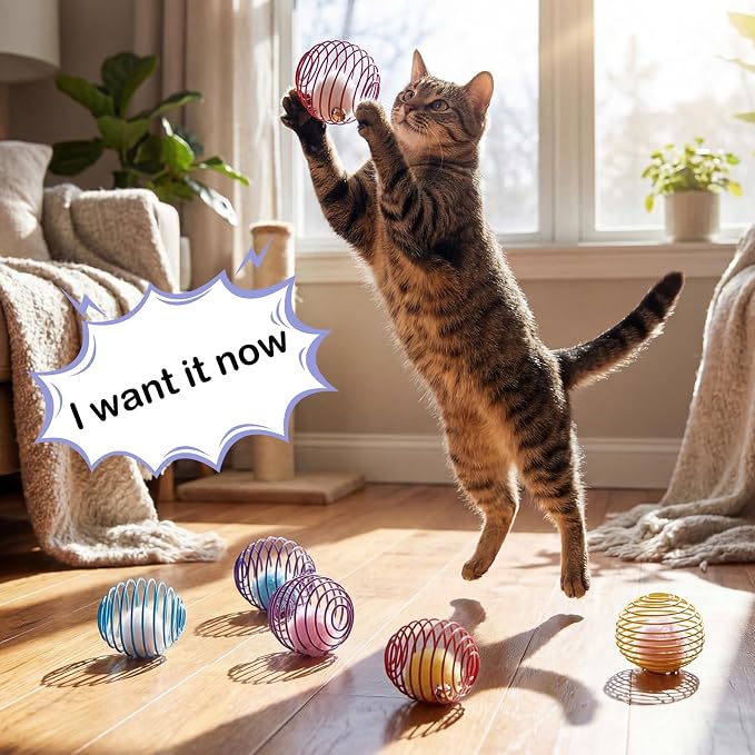 Jecery 5 Pcs Cat Toys Spring,Pom-pom with Bell,Multicolor | Interactive Metal Cat Toy, Stretchable Rolling Ball, for Indoor Cats, Colorful Playful Coils, Kitten Pet Supplies - Image 5