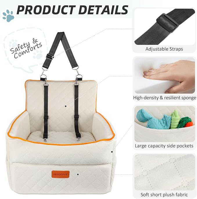 HEGGCOOE Dog Car Seat for Small Medium Dogs, Memory Foam Dog Booster Seats with Thick Cushion for Dogs Under 35lbs, Detachable Washable Pet Car Seat Travel Bed with Storage Pockets,2 Safety Belt - Image 4