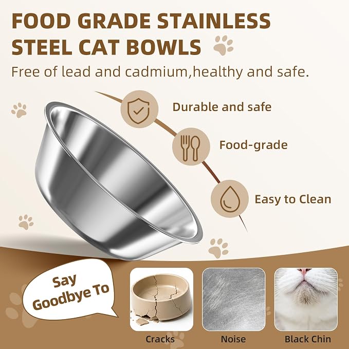 Elevated Cat Bowls, 2P Raised Cat Food and Water Bowl Set for Indoor Cats, Splash Proof with 2 Stainless Steel Pet Food Bowls for Cats ＆ Puppies, Whisker Friendly and Dishwasher Safe - Grey - Image 2