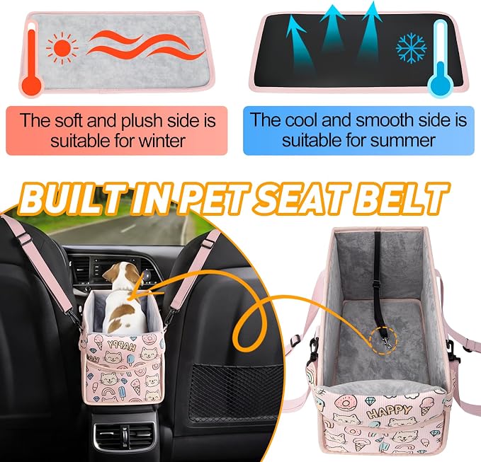 Console Dog Car Seat for Small Dogs, Foldable Booster Seat, Pink Kitten | Portable Booster Seat Sits On Car Console/ Armrest. Foldable for Easy Storage. for Center Console, Easy To Clean. - Image 6