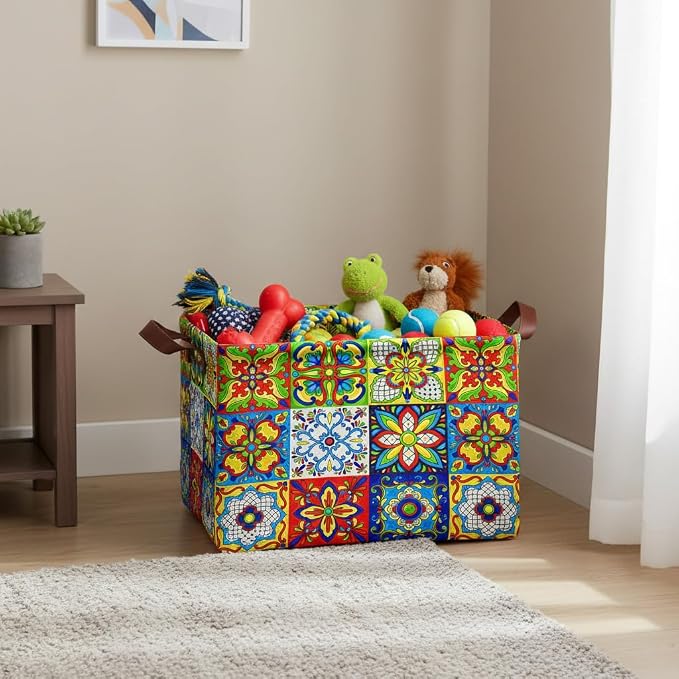 Mexican Talavera Decoration Storage Basket Waterproof Canvas Toy Storage Bin Collapsible Outdoor Basket with Leather Handles Mexican Talavera Decor Blanket Baskets For Closets,Bedrooms,Gifts Baskets - Image 5