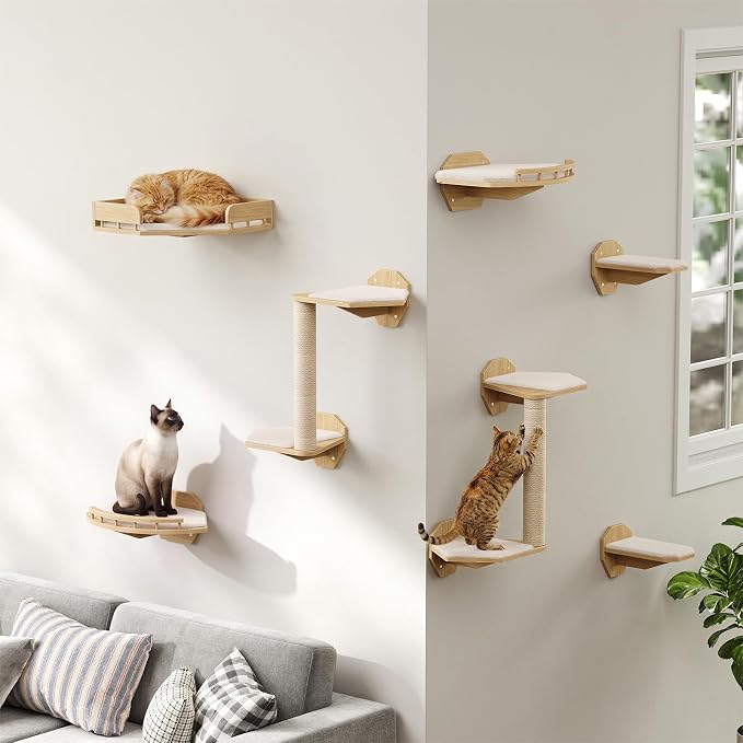 HOOBRO 11 Pcs Cat Wall Shelves for Large Cats up to 25 lb, Wooden Wall-Mounted Cat Shelves Set, Corner Cat Shelf with 2 Arched Platforms, Climbing System with Perche, Scratching Post, Natural NL49CS03 by HOOBRO