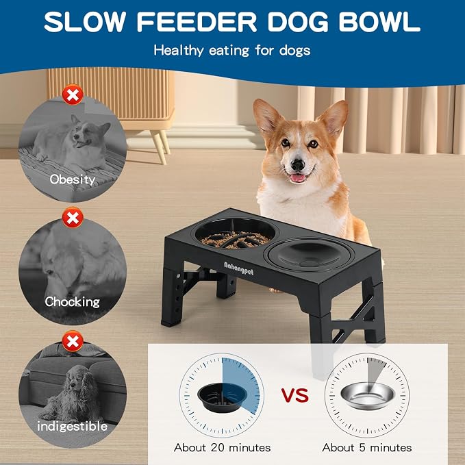 3-in-1 Elevated Slow Feeder Dog Bowls for Food and Water, 5 Heights Adjustable Raised Dog Bowls, Non-Slip, No Spill, for Small Medium Large Dogs and Cats(Black) - Image 3
