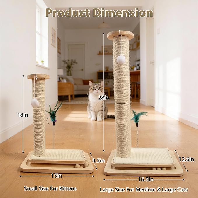 Cat Scratching Post with Sisal Mat and Wooden Base Indoor Scratcher | Stable cat scratch furniture with durable sisal post, scratch mat and hanging ball, protects furniture, easy assembly - Image 7