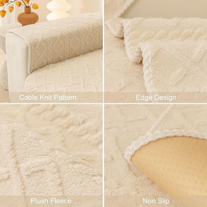 vctops Geometric Jacquard Plush Sofa Couch Covers Farmhouse Neutral Non Slip Sectional Couch Cover Soft Warm Sofa Slipcover for Dogs, Children, Pets Furniture Protector (Cream,28"x82") - Image 7
