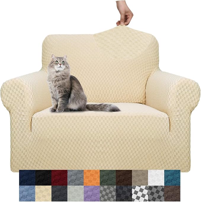 YEMYHOM Couch Cover Latest Jacquard Design High Stretch Sofa Chair Covers for Living Room, Pet Dog Cat Proof Armchair Slipcover Non Slip Magic Elastic Furniture Protector (Small, Beige) by YEMYHOM