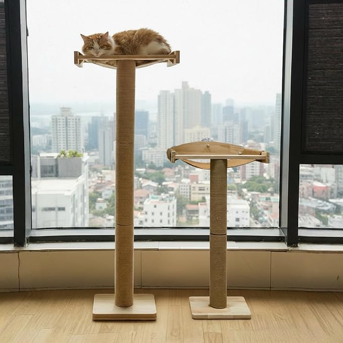 47.3'' Cat Tree Window Sill Perch with Tall Vertical Scratching Post Height-Adjustable Indoor Hammock Bed for Large Cats Suction Cup Climbing Tree Tower for Sunbathing & Bird Watching (Light Wood, M) - Image 2