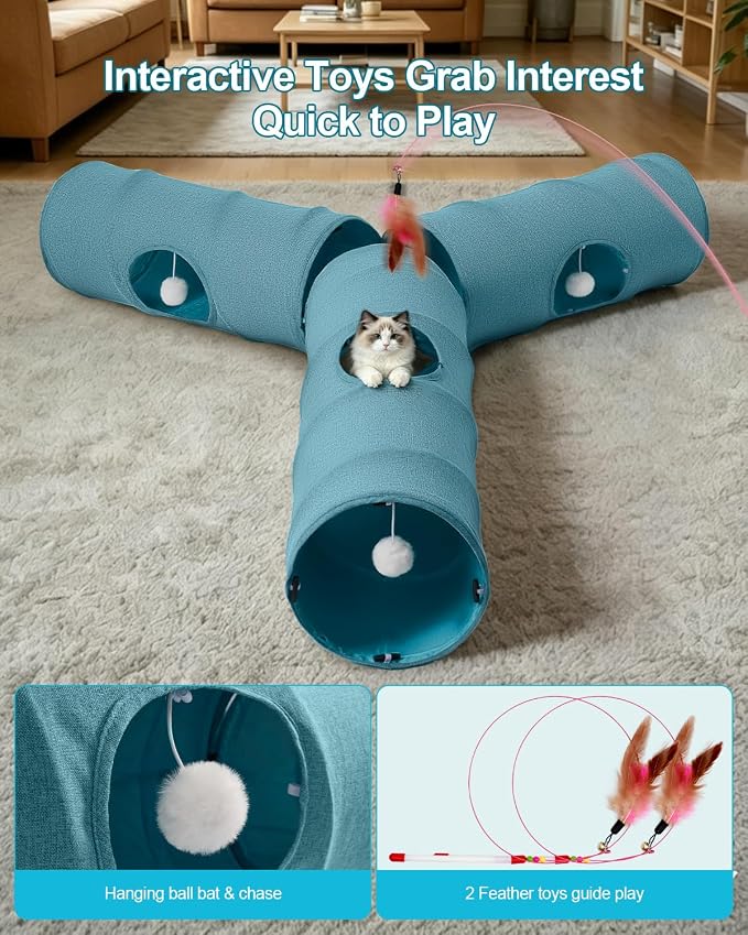 Cat Tunnel, 3 Straight Shaped Tunnels 6 DIY Shapes with Wand Toys, No Noise Scratch Resistant Cool Linen Fabric, Interactive Pet Tunnel Tube for Indoor Cats, Puppy and Rabbits - Image 6