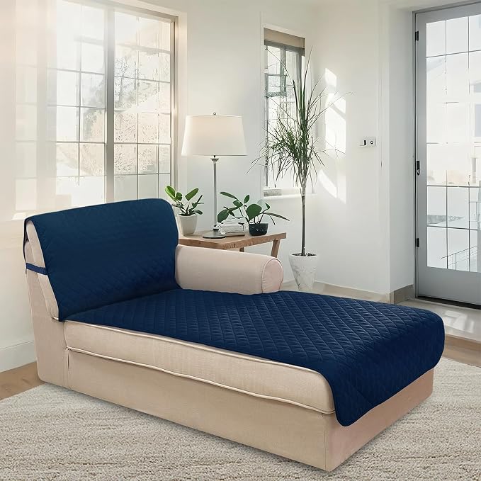 U-NICE HOME Sectional Couch Cover Chaise Lounge Cover, Navy/Taupe | Washable, Pet Friendly, Elastic Straps, Water Repellent, Furniture Protector Mat - Image 2