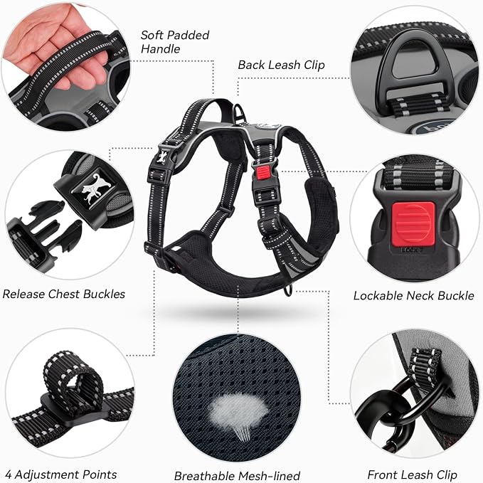 PoyPet No Pull Dog Harness Large with Front Clip & Neck Release Buckle | No Choke, Adjustable Vest, Reflective, Back Clip, Lockable, Soft Padded, Easy Control Handle for Walking Training, XL, Grey - Image 8