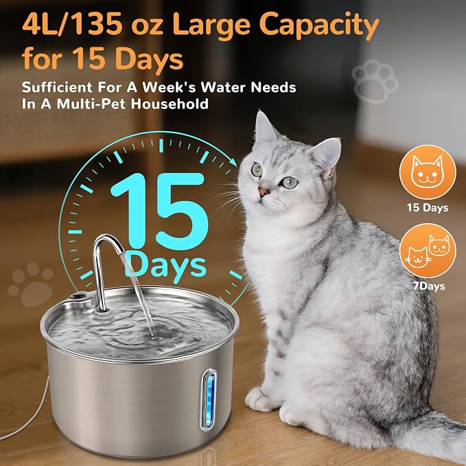 Stainless Steel Cat Water Fountain, 135oz/4L, 12 Filters | Automatic Pet Water Dispenser with Ultra-Quiet Adjustable Pump and 3 Flow Modes for Cats, Dogs, Multi-Pet Homes - Image 6