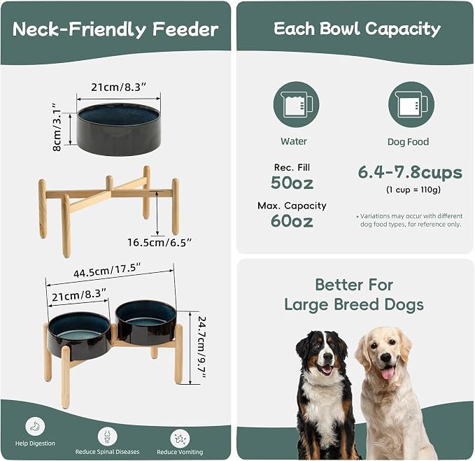 Havniva Ceramic Dog Bowls Elevated, Raised Dog Food Bowl for Large Dogs | 8.3” Elevated Dog Bowls, Non-Slip Wood Stand, Dog Food and Water Bowl Set, Dog Feeding Dish, Large Capacity Pet Water Bowl - Image 2
