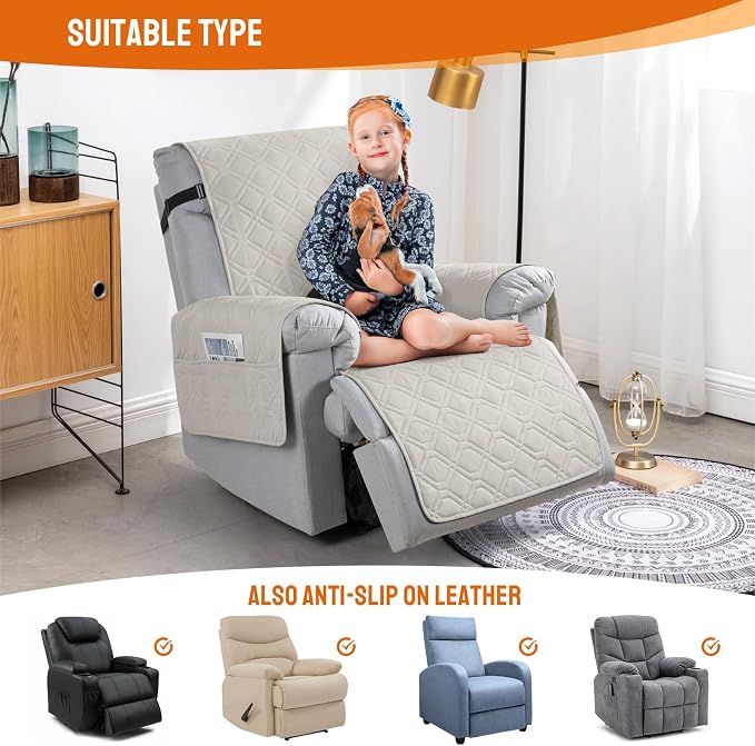 VANSOFY 100% Waterproof Recliner Chair Covers Washable, Beige, 20" | Non-Slip, Slipcover with Pocket, Furniture Protector, Elastic Straps, Chair Cover for Pets, Dogs - Image 5