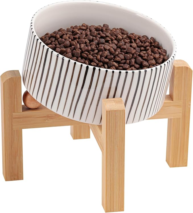 Elevated/Raised 15°Tilted Anti Slip Ceramic Dog Bowl for Small/Medium Breeds,Slanted Bulldog Big Face Pet Food Water Feeding Dish with Stand for Cats and Dogs (3.6 Cups/28 OZ) vertical stripe by DJJJOOYSCeramicDogBowl