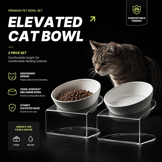 LivLab Mker Elevated Cat Bowls, Tilted Melamine, White, 2 Pack | Two tilted melamine bowls support comfortable feeding for cats, kittens, flat-faced pets, and small dogs; white finish. - Image 2