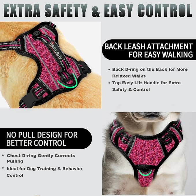 BARKBAY No Pull Dog Harness Large Reflective Dog Harness with Front Clip and Easy Control Handle for Walking Training Running with ID tag Pocket(Pink/Black,S) - Image 3