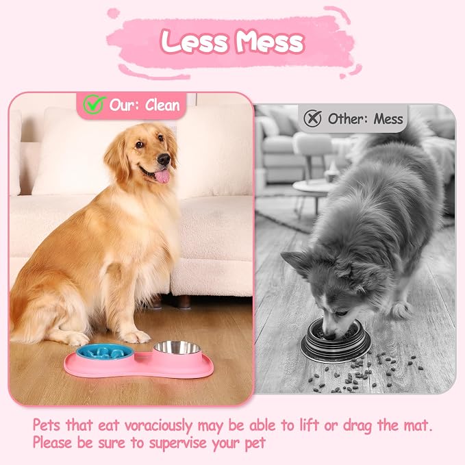 MateeyLife Dog Food and Water Bowl Set 3 in 1, Slow Feeder Dog Bowls & Stainless Steel Water Bowl with Non-Spill Silicone Mat, Cat and Puppy Bowls Pet Dishes for Small Medium Large Breed Anti-Choking - Image 4
