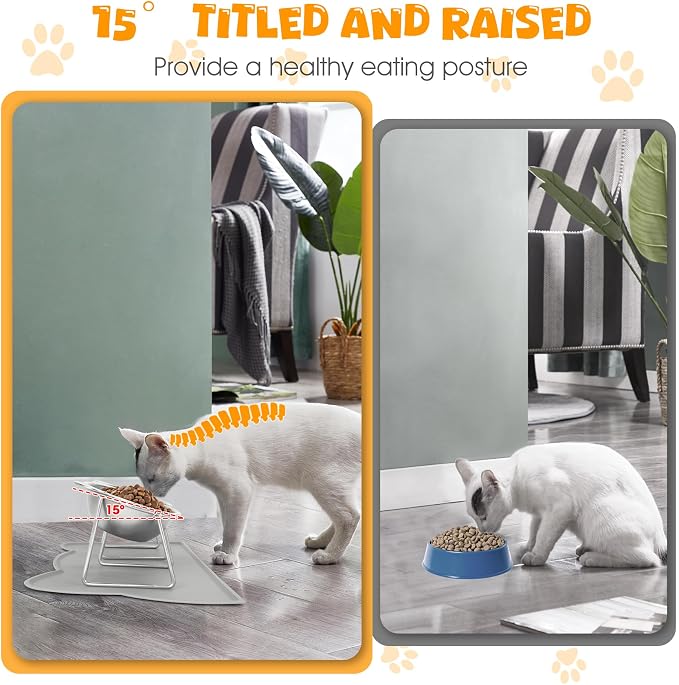 Elevated Cat Bowls, 2 Pack Raised Cat Food Water Bowls with Non-Slip Placemat, 15° Tilted Stand Anti Vomiting Stainless Steel Pet Food Feeding Dishes Plate for Cats Kitten Puppies Dogs Small Animals - Image 3