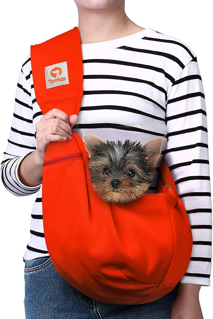 Tomkas Small Dog Cat Sling Carrier Puppy Purse Travel Wrap Soft Crossbody Pet Bag (Red, M - Zip Pocket & Classic Strap) by TomkasFORTHELOVEOFPALS