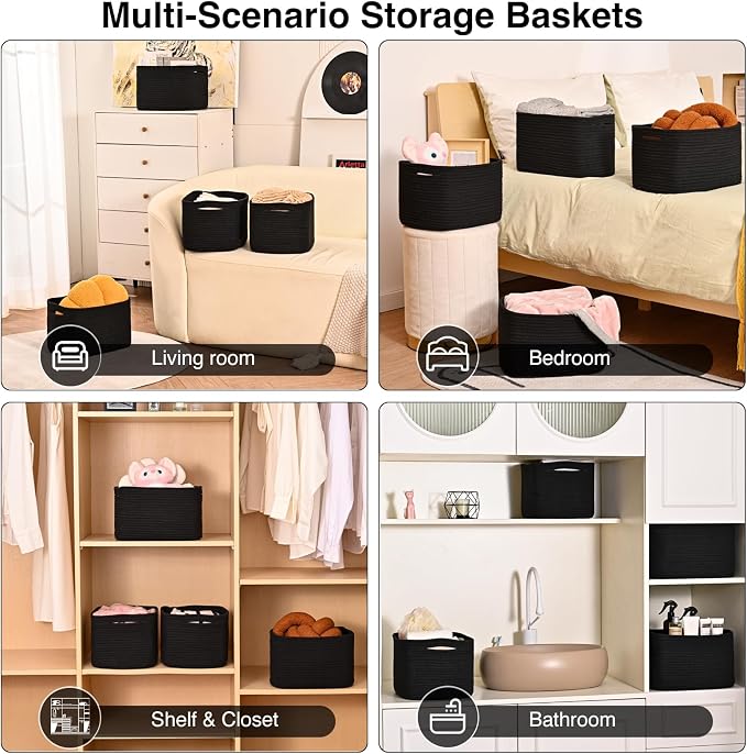 ICERZCZ Black Storage Baskets for Shelves, Small Storage Baskets for Organizing, Woven Cotton Rope Baskets for Storage, Book Basket, Decorative Shelf Basket, 12.5"Lx9.1''Wx7.9''H (4 Packs) Black - Image 5