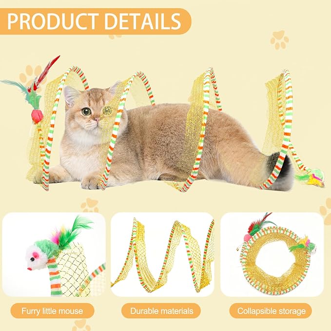 2-Pack Large Cat Tunnel Beds - Indoor & Outdoor,Kitten Collapsible Spring Tunnel Toy with Feather and Bell,Interactive Spring Toys for Cats & Kittens（Yellow and Blue） - Image 2